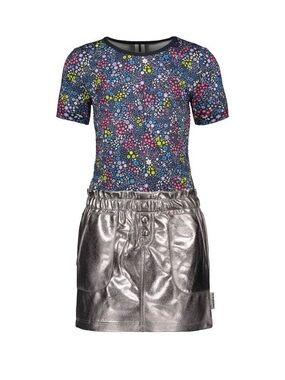 Navy Floral Top with Silver Metallic Skirt Kids Casual Dress